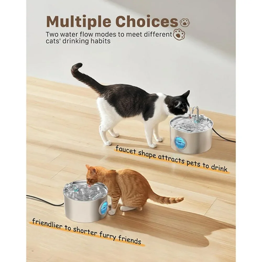 New Stainless Steel Cat Water Fountain 74oz Quiet Dispenser for Pets
